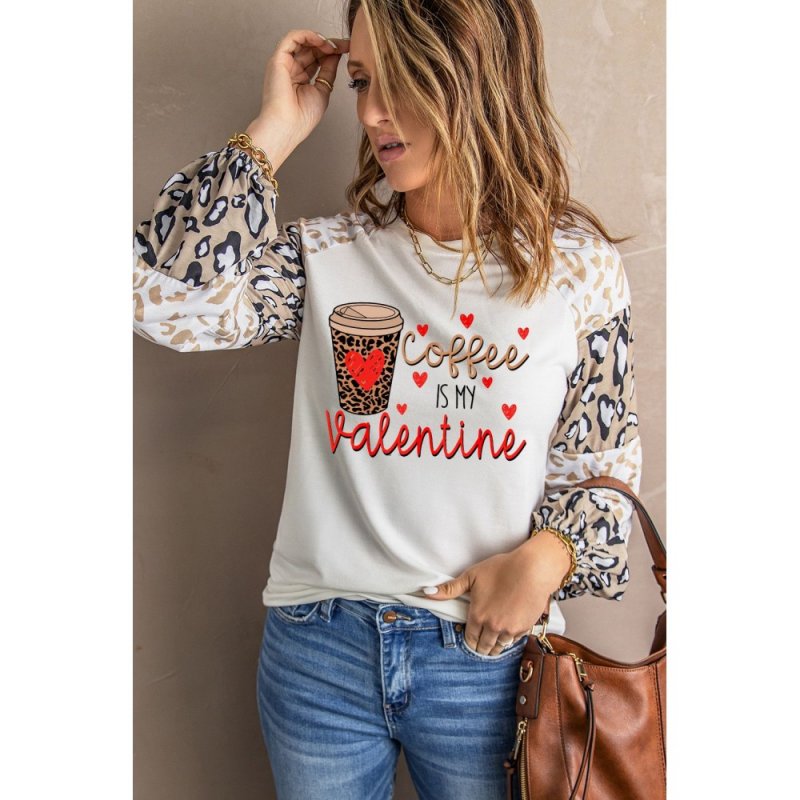 Coffee is My Valentine Graphic Print Leopard Long Sleeve Sweatshirt