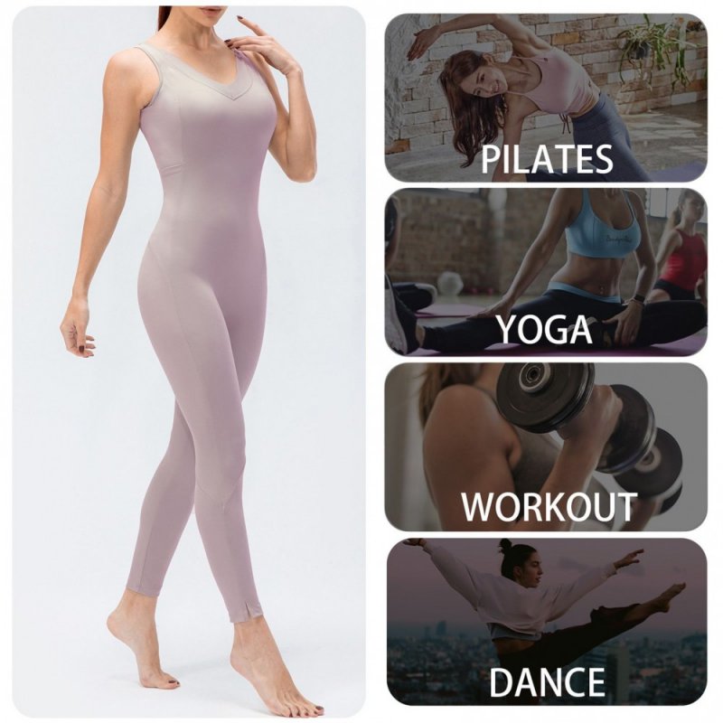 Women Yoga Jumpsuit with Pockets Sleeveless Leggings Open Back Fitness Workout Bodysuit Rompers