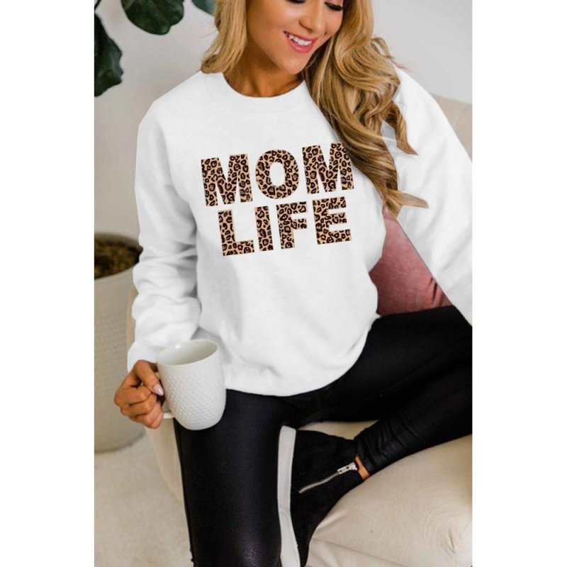 White MOM LIFE Leopard Print Long Sleeve Pullover Sweatshirt