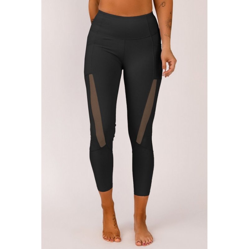 Black Mesh Side Splicing High Waist Yoga Sports Leggings with Phone Pocket