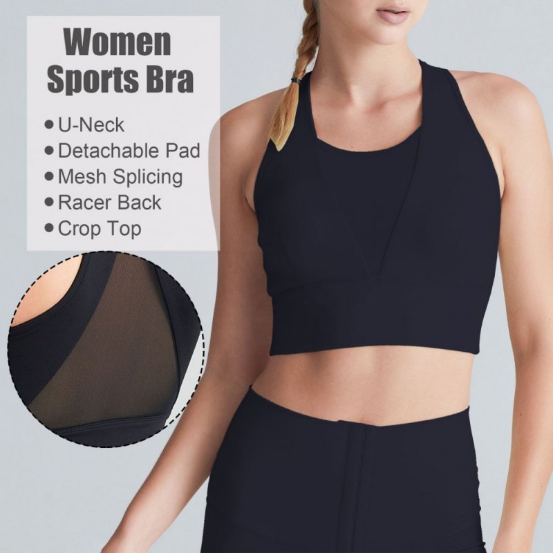 Women Sports Bra U-Neck Mesh Splicing Racer Back Crop Tops Breathable Quick-Dry Vest Yoga Fitness Underwear