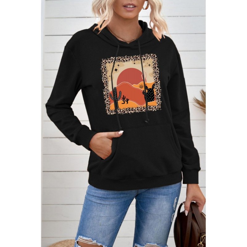 Black Western Leopard Desert Print Long Sleeve Sweatshirt