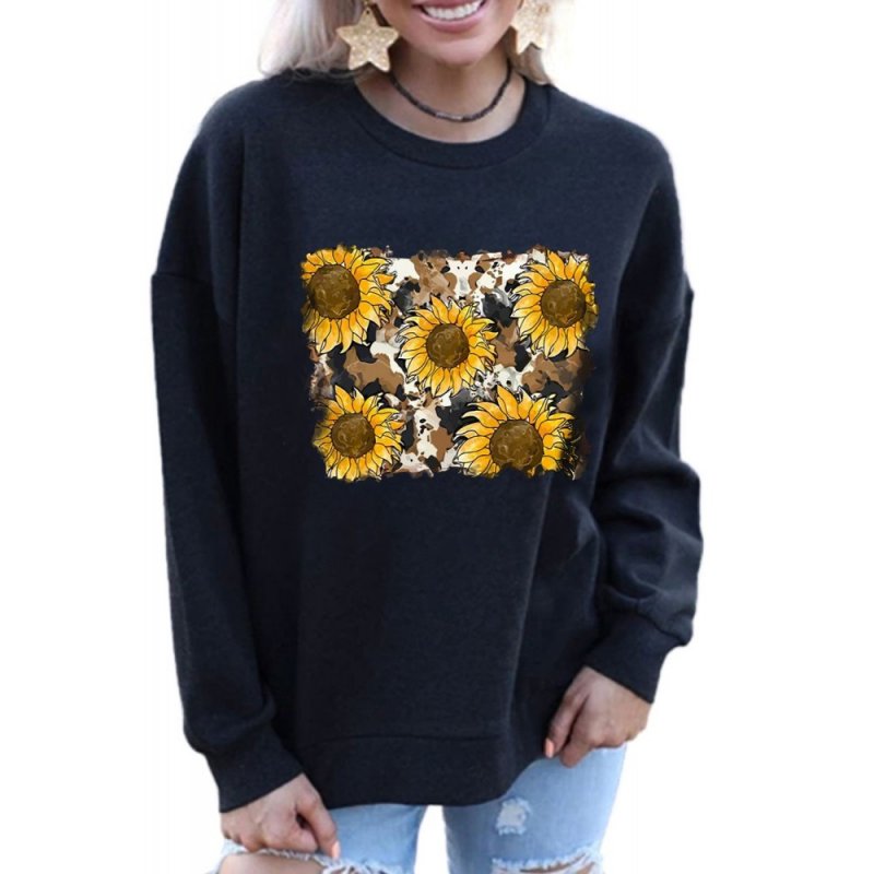 Sunflower Print Long Sleeve Pullover Sweatshirt