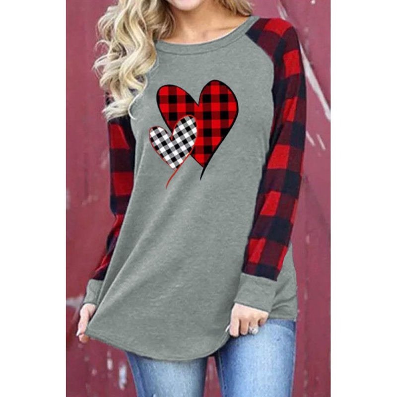 Plaid Heart Shape Print Color Block Long Sleeve Top