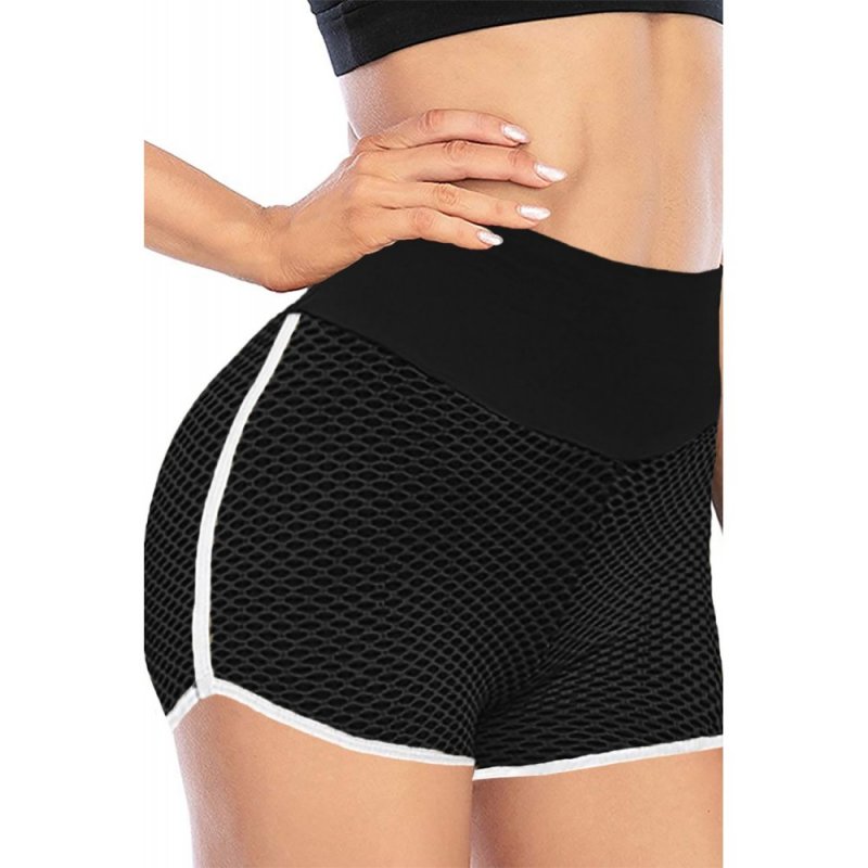 Black High Waist Honeycomb Contrast Stripes Butt Lifting Yoga Shorts