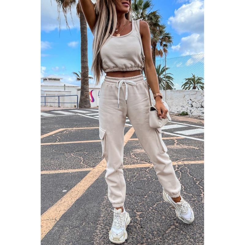 White Crop Tank and Pocketed Joggers Yoga Sports Wear