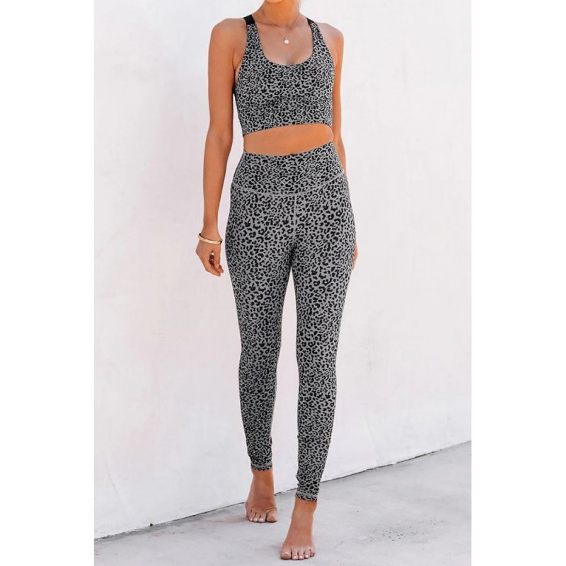 Gray Cheetah Print Sport Bra Pants Set