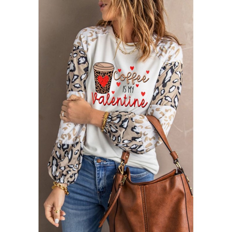 Coffee is My Valentine Graphic Print Leopard Long Sleeve Sweatshirt