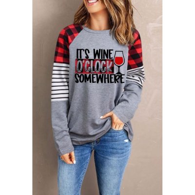 Gray It's Wine O' Clock Somewhere Graphic Print Long Sleeve Top