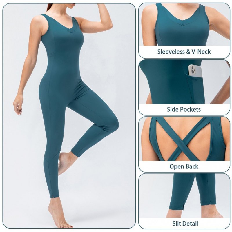 Women Yoga Jumpsuit with Pockets Sleeveless Leggings Open Back Fitness Workout Bodysuit Rompers