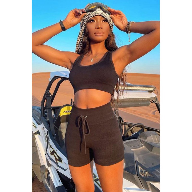 Black Ribbed Knit Sports Bra and High Waist Shorts Yoga Set