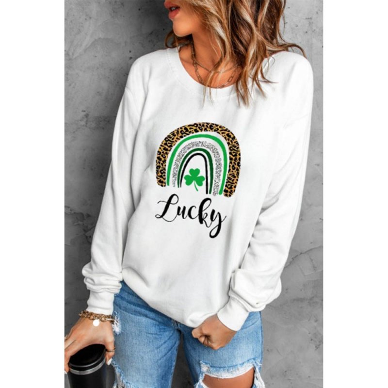 White St. Patrick's Day Lucky Clover Print Graphic Sweatshirt