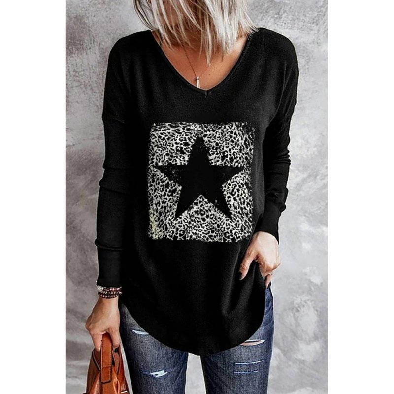 Black Star Print V Neck Long Sleeve Top