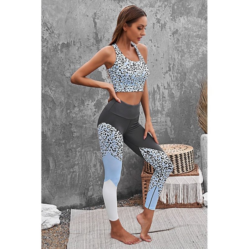 Gray Leopard Colorblock Splicing Sports Workout Tank and Leggings Set