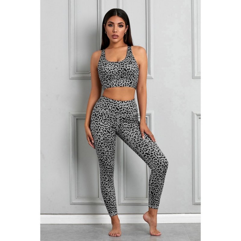 Gray Cheetah Print Sport Bra Pants Set