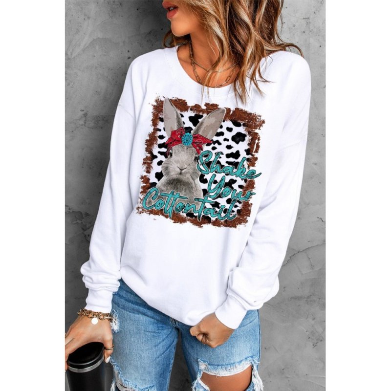 White Bunny Letter Cow Print Long Sleeve Sweatshirt